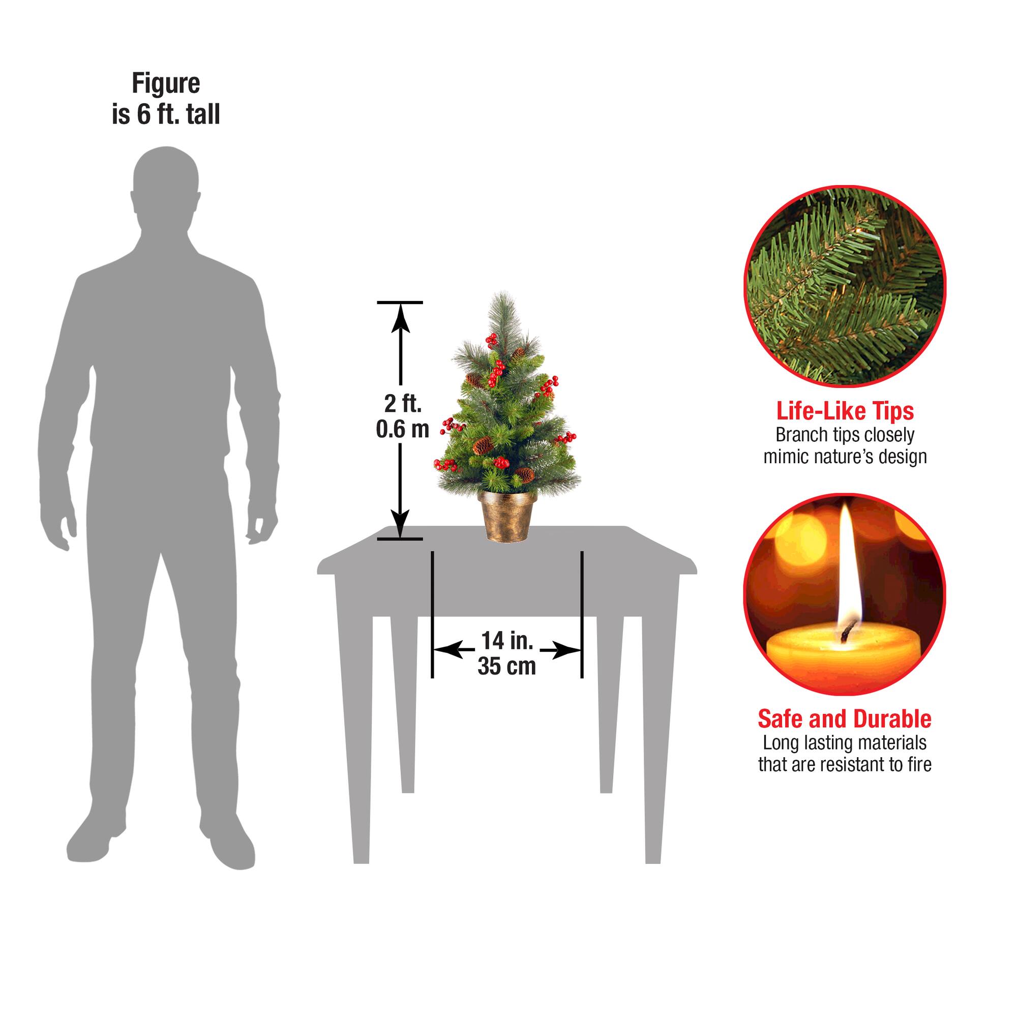 2ft. Unlit Silver Bristle, Pinecones, Red Berries & Glitter Crestwood Spruce Artificial Christmas Tree in Bronze Pot